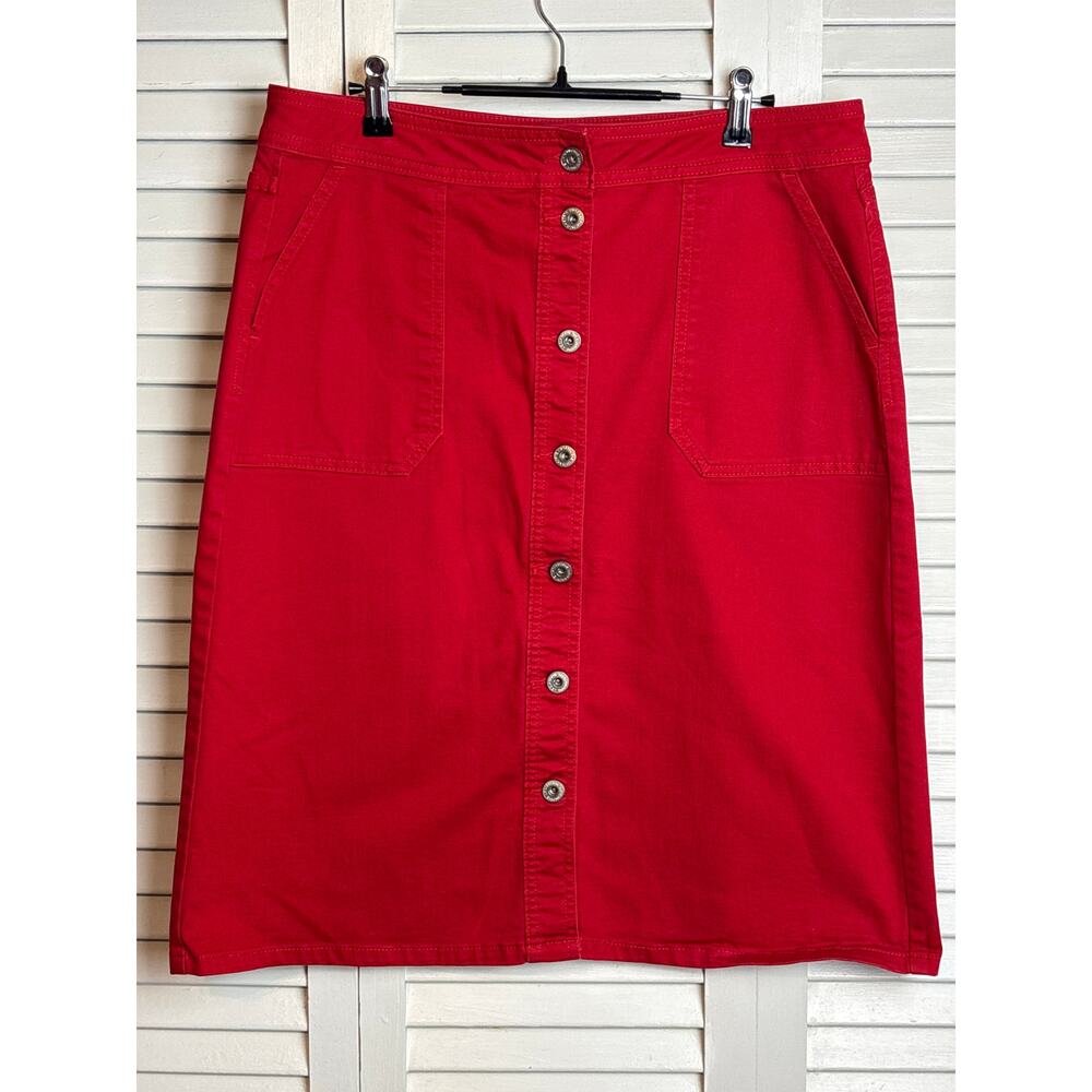 Liz Claiborne Red Button Front Midi Denim Skirt Women's Size 10